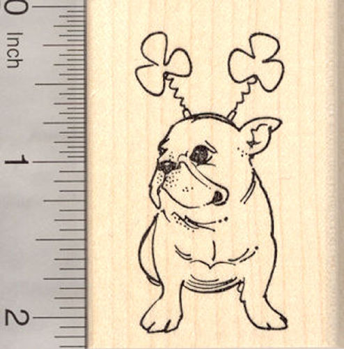 St. Patrick's Day French Bulldog Dog Rubber Stamp, Shamrock Antennae
