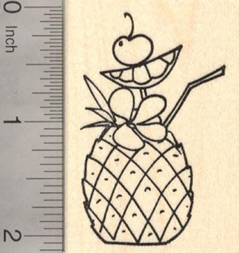 Tropical drink Rubber Stamp, Pina Colada in Pineapple
