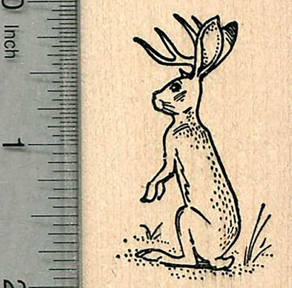 Jackalope Rubber Stamp, North American folklore, Mythical Jack Rabbit with Antlers