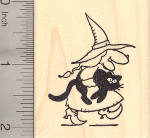 Halloween Witch Rubber Stamp, Carrying Black Cat Familiar