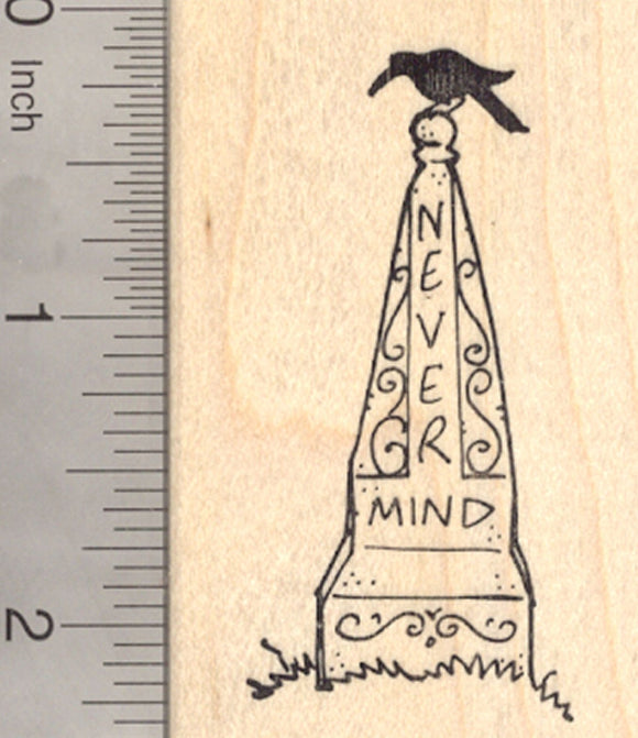 Halloween Tombstone Rubber Stamp, Gothic Grave Stone with Crow, Never Mind