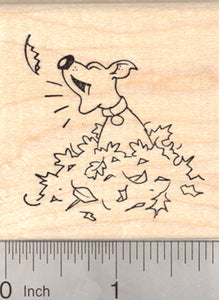 Dog Barking at Leaf Rubber Stamp, in Autumn Leaf Pile