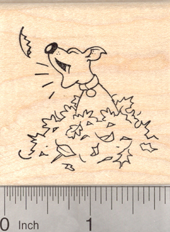 Dog Barking at Leaf Rubber Stamp, in Autumn Leaf Pile
