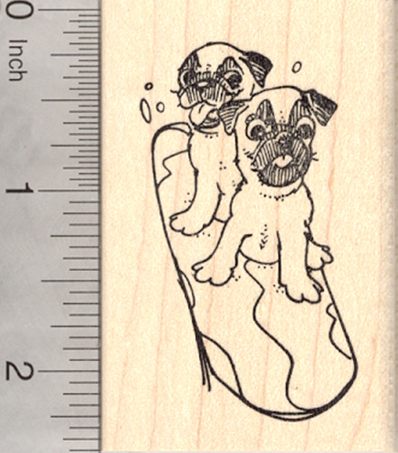 Pug Dog Rubber Stamp, Two Pugs Snowboarding