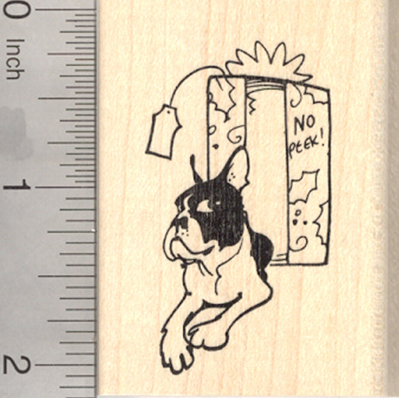 Christmas Boston Terrier Rubber Stamp, Dog with Holiday Gift