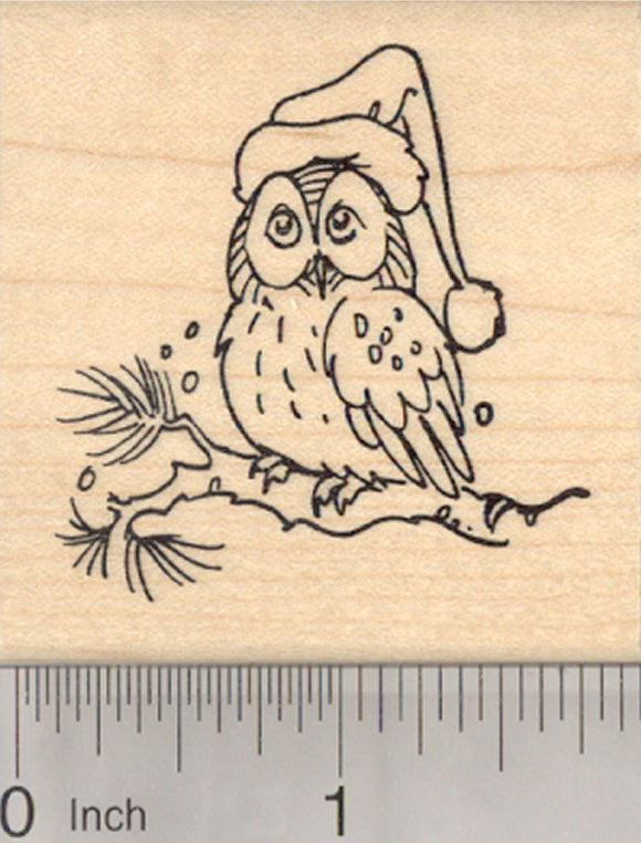 Christmas Owl Rubber Stamp, in Santa Hat