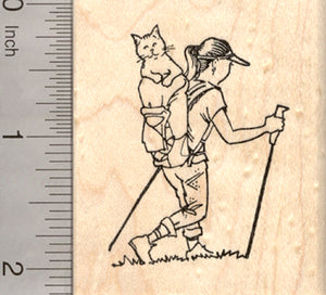 Hiking Woman and Cat Rubber Stamp, with Backpacking Gear and Poles