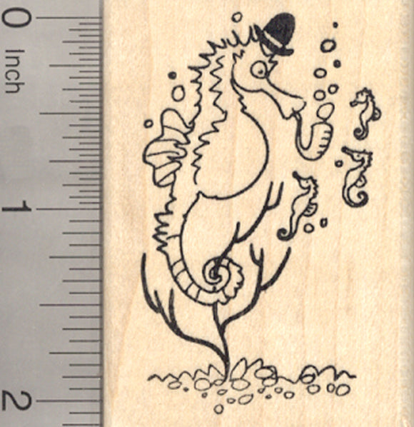 Seahorse Rubber Stamp, Father with Baby Fries, Father's Day