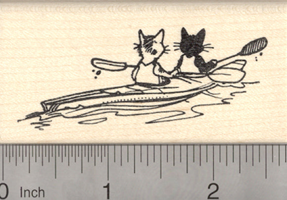 Cats in Kayak Rubber Stamp, Black Cat and Tabby