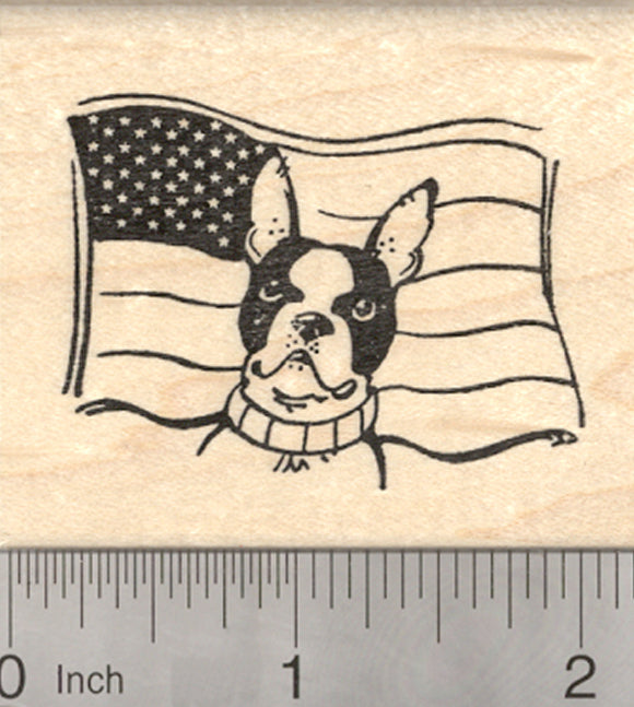 Boston Terrier Dog Rubber Stamp, 4th of July, American Flag
