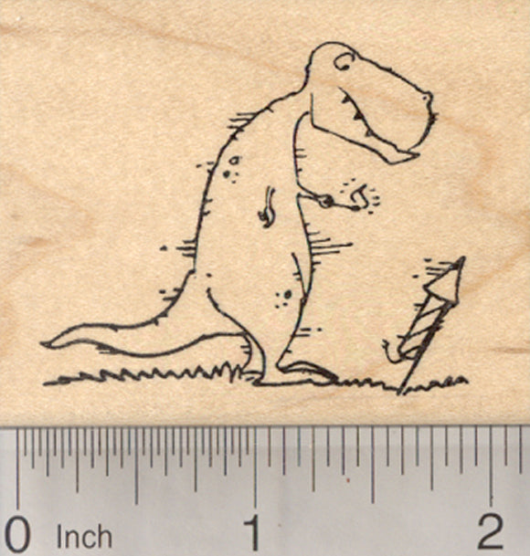 Tyrannosaurus Rex Dinosaur Rubber Stamp, with Fire Cracker, 4th of July