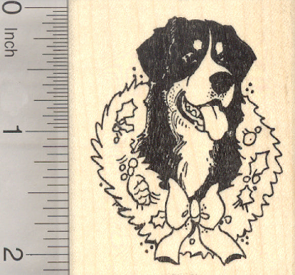 Christmas Bernese Mountain Dog Rubber Stamp, With Holiday Wreath