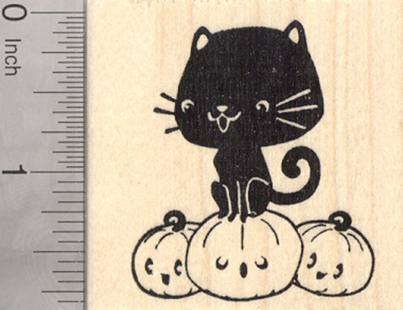 Halloween Black Cat Rubber Stamp, Sitting on Jack-O-Lantern