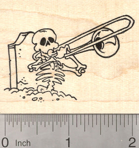 Skeleton Rubber Stamp, Playing Jazz Trombone from his Grave, Day of the Dead, Halloween, Día de Muertos