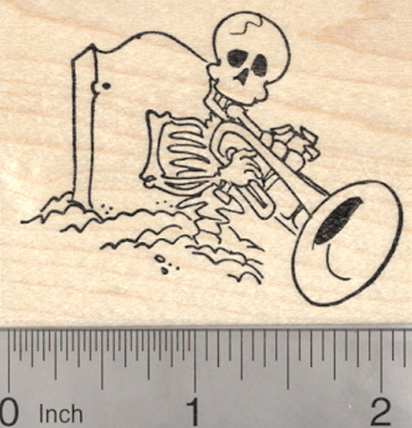 Skeleton Rubber Stamp, Playing Jazz Trumpet from his Grave, Day of the Dead, Halloween, Día de Muertos