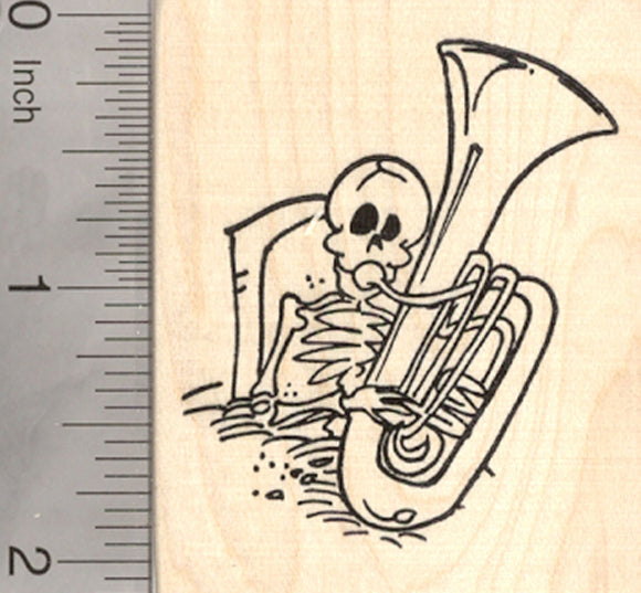 Skeleton Rubber Stamp, Playing Jazz Tuba from his Grave, Day of the Dead, Halloween, Día de Muertos