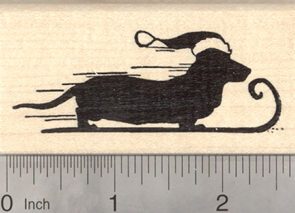 Christmas Dachshund Rubber Stamp, Wiener Dog on Winter Sled
