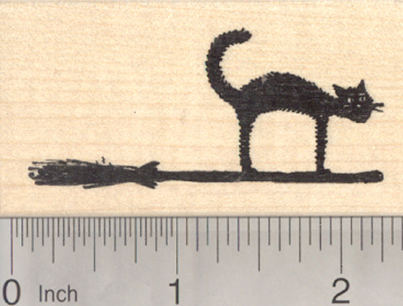 Halloween Black Cat Rubber Stamp, Flying on Witch Broom