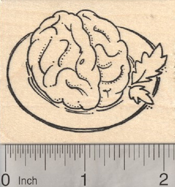 Brain Rubber Stamp, Zombie Theme, On a Plate With Parsley