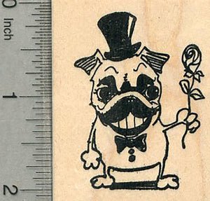 Valentine's Day Pug Rubber Stamp, Dog with Rose