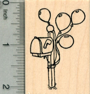 Birthday Rubber Stamp, Balloons Tied to Mailbox