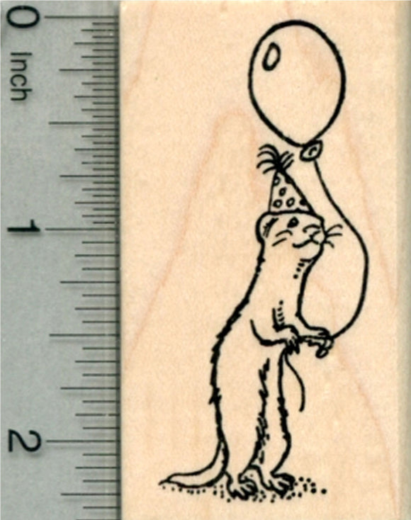 Birthday Ferret Rubber Stamp, with Balloon and Party Hat