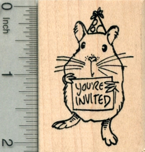 Birthday Hamster Rubber Stamp, with Party Hat and Invitation