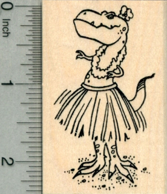Luau Dinosaur T-rex Rubber Stamp, Tyrannosaurus in Grass Skirt and Lei