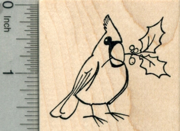 Cardinal Rubber Stamp, Bird with Holly