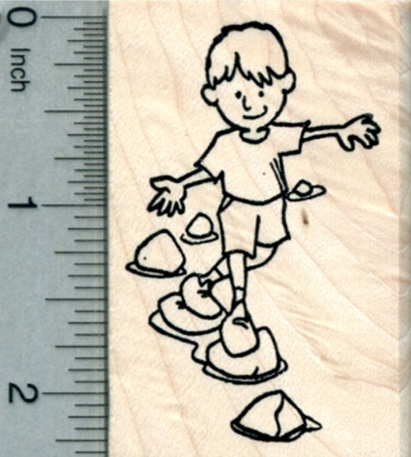 Stream Crossing Rubber Stamp, Active Child, Hiking Boy
