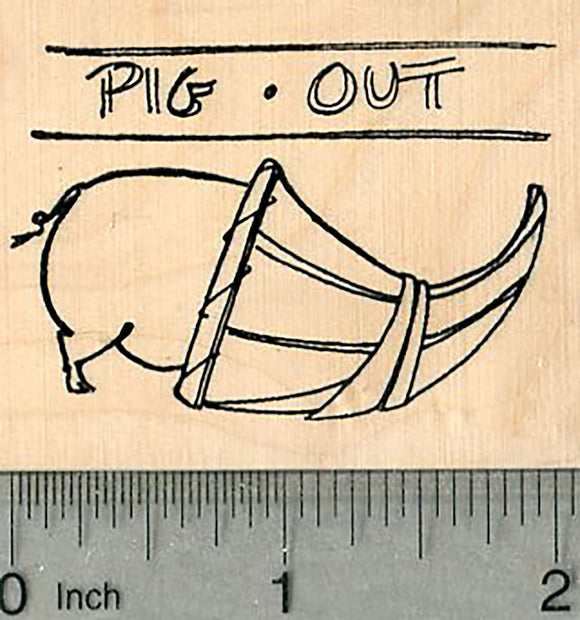 Pig Out Rubber Stamp, with Thanksgiving Cornucopia