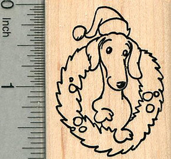 Christmas Dachshund Rubber Stamp, in Wreath and Santa hat