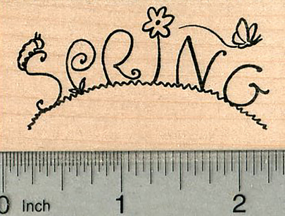 Spring Rubber Stamp, Text with Caterpillar and Butterfly