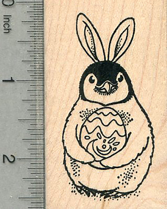 Easter Penguin Rubber Stamp, with Decorated Egg and Rabbit Ears