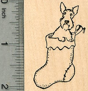Christmas Schnauzer Rubber Stamp, Dog in Stocking