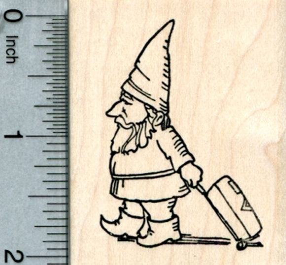 Traveling Gnome Rubber Stamp, Pulling Luggage
