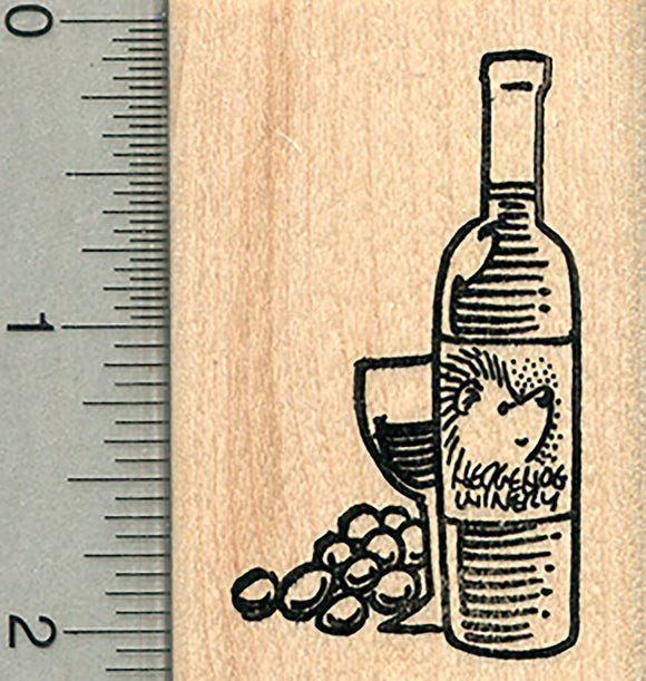 Wine Bottle Rubber Stamp, Hedgehog Winery, with Glass
