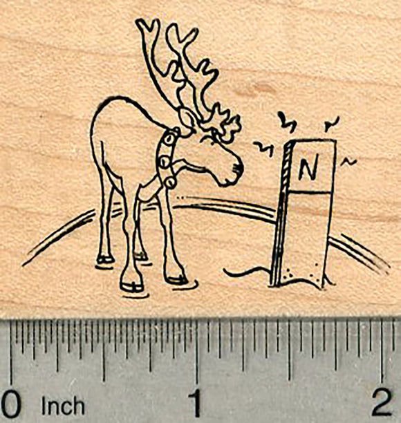 Holiday Science Rubber Stamp, Reindeer at Magnetic North Pole, Christmas Humor
