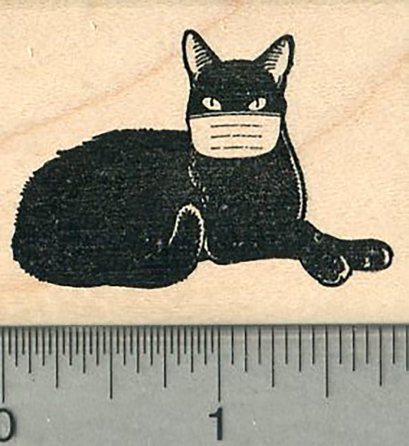 Black Cat Rubber Stamp, Wearing a face mask, Virus Series