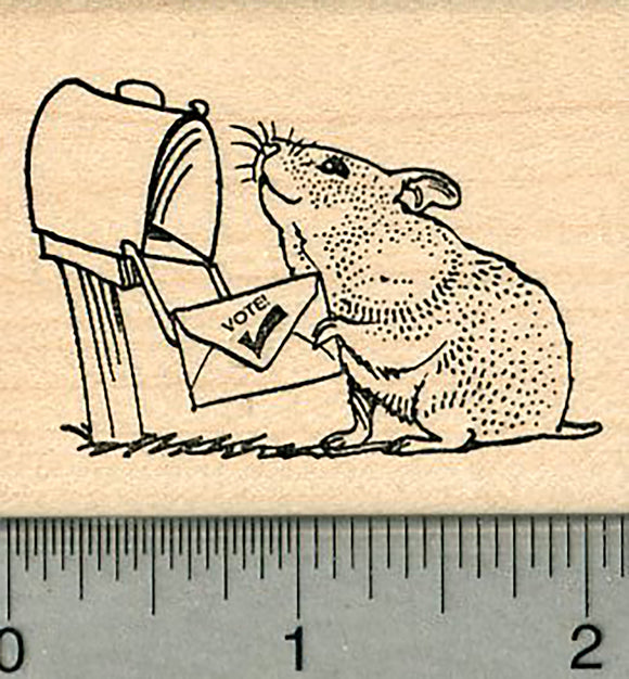 Vote By Mail Rubber Stamp, with Hamster at Mailbox