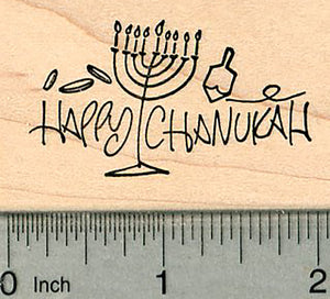Happy Chanukah Rubber Stamp, with Menorah, and Dreidel