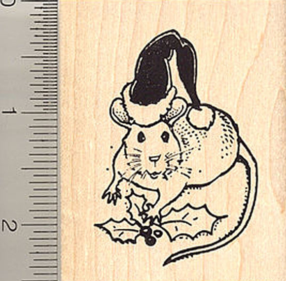 Santa Hat Rat with Holly, Christmas Rubber Stamp