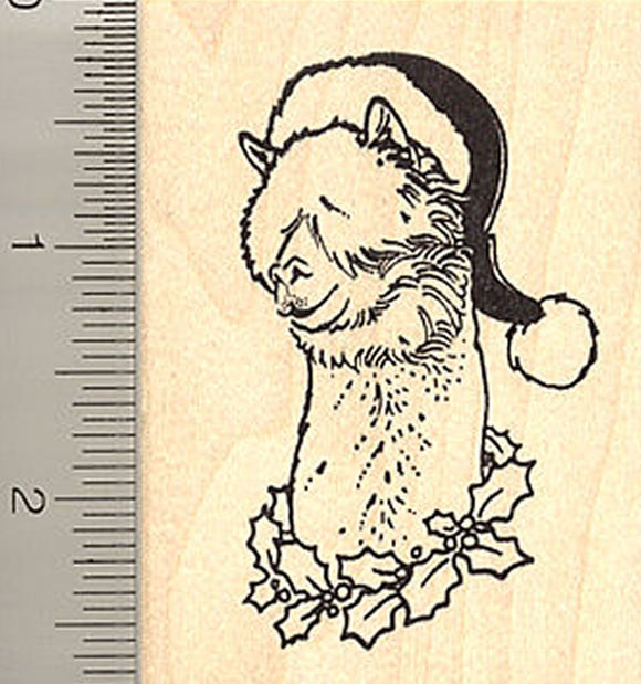 Santa Hat Wearing Christmas Alpaca Rubber Stamp