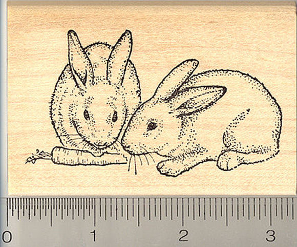 Bunny Rabbit Rubber Stamp, Two Bunnies Sharing a Carrot, House Pet