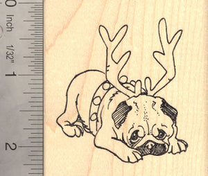 Pug Dog Reindeer, Christmas Rubber Stamp