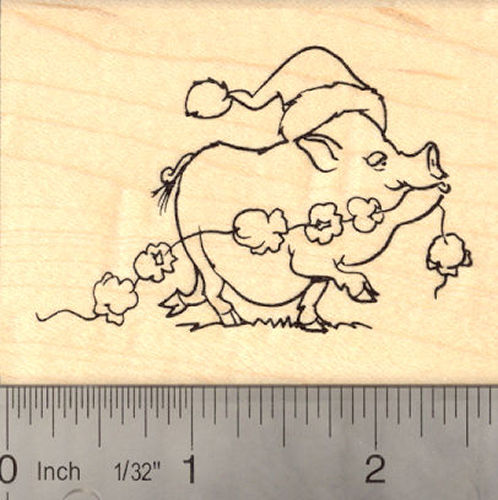 Christmas Pot-bellied Pig in Santa Hat Rubber Stamp