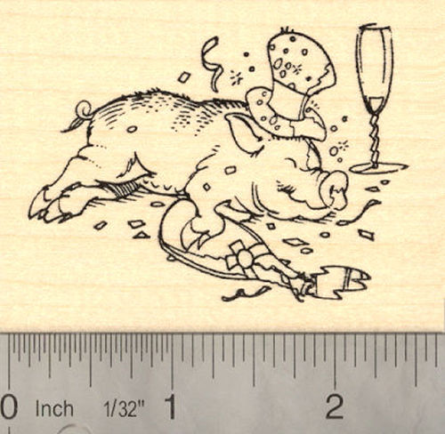 New Year's Celebration Pig Rubber Stamp