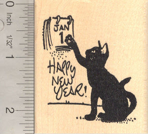 Happy New Year Black Cat Rubber Stamp