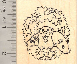 Christmas Ferret in Wreath Rubber Stamp