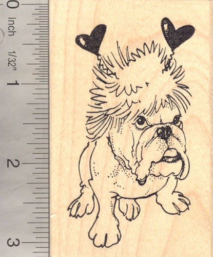 Valentine Bulldog in wig with Heart Shaped Antennae Rubber Stamp